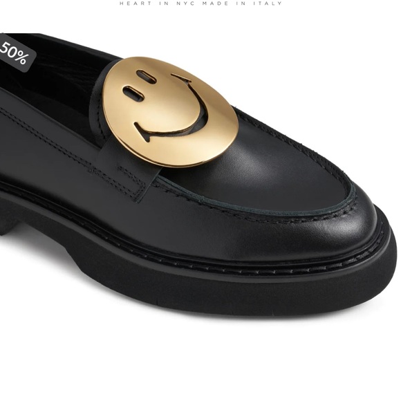 BNIB Smiley X Joshua Sanders Black Leather Loafer with Gold Smiley Size 9 - Picture 3 of 8